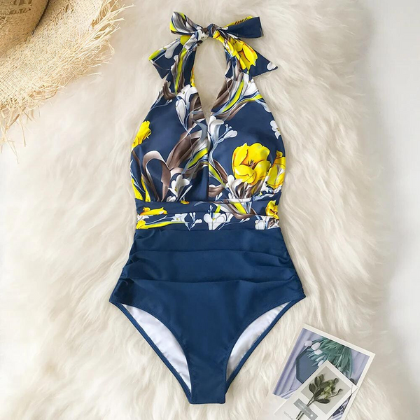 Deep V-neck Halter One-Piece Swimsuit flat view