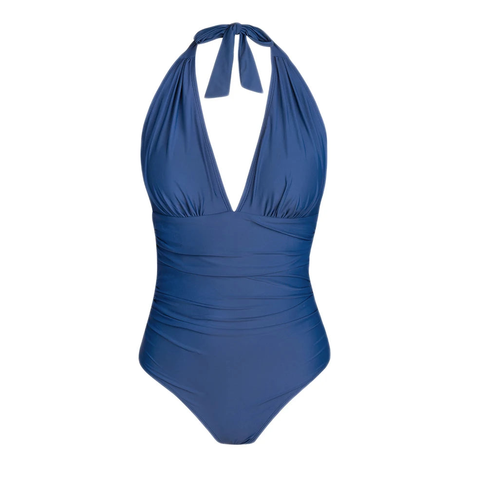 Deep V-neck Halter One-Piece Swimsuit Blue