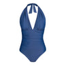 Deep V-neck Halter One-Piece Swimsuit Blue