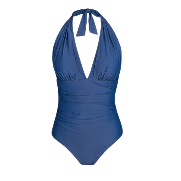 Deep V-neck Halter One-Piece Swimsuit Blue