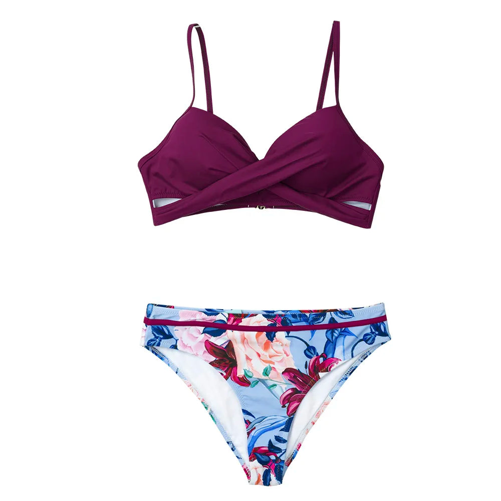 Floral Push Up Mid-Waist Bikini Set