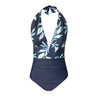 Deep V-neck Halter One-Piece Swimsuit Blue Flowers