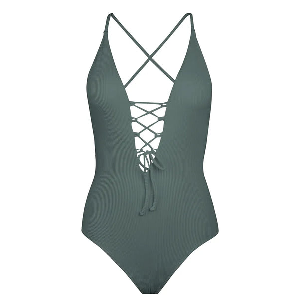 Backless Deep V-Neck One-piece Swimsuit front view green