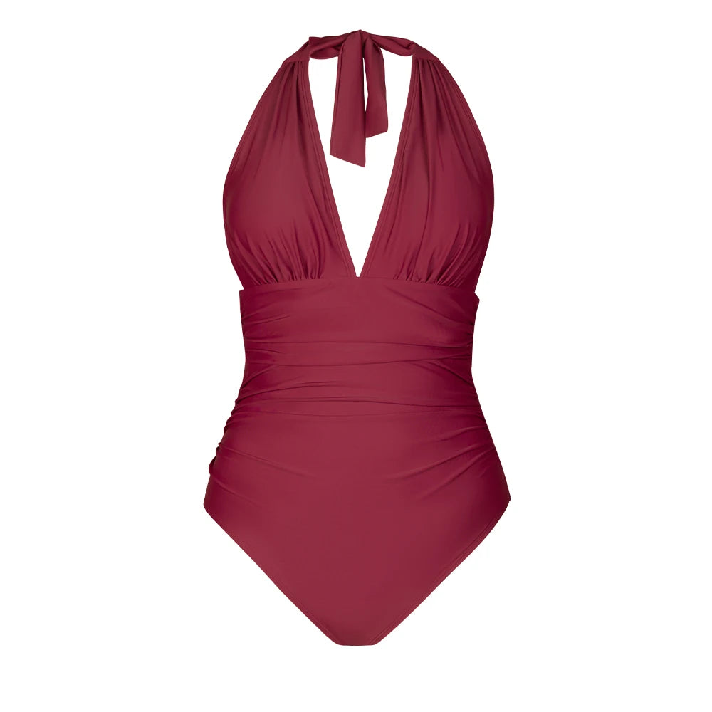 Deep V-neck Halter One-Piece Swimsuit Red