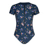 Ditsy Zipper Short Sleeve One-Piece Swimsuit Blue flowers