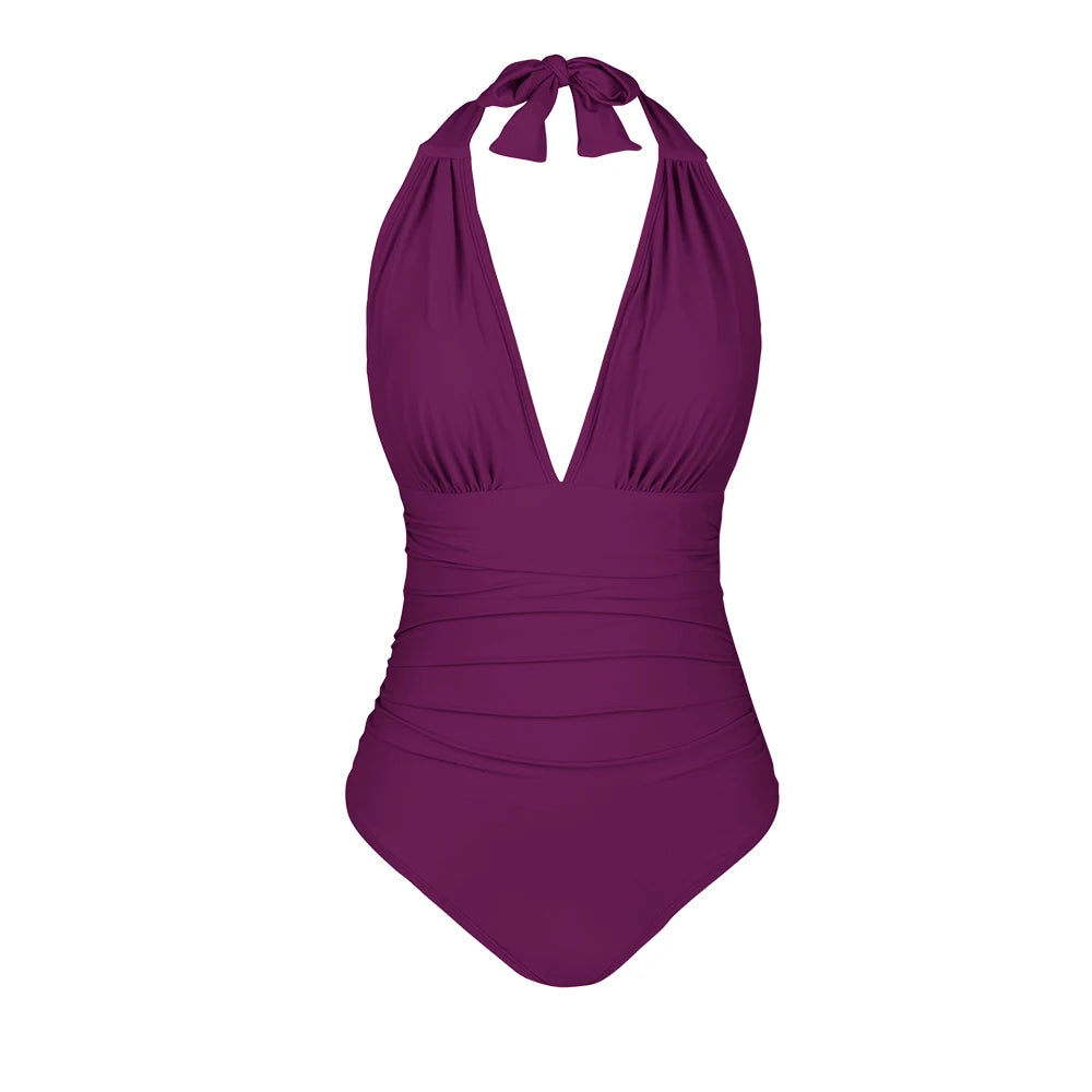 Deep V-neck Halter One-Piece Swimsuit purple