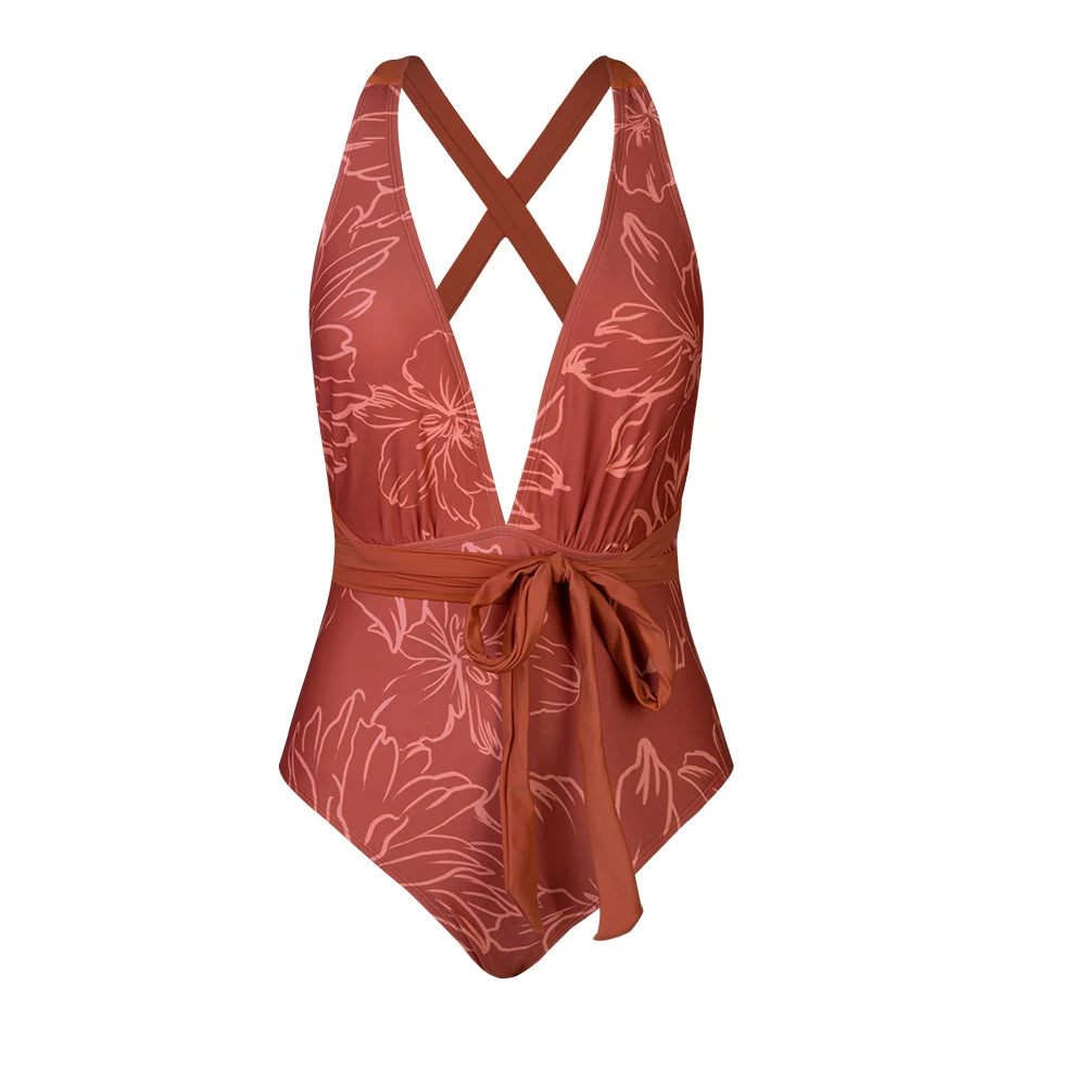 Plunging Tie Front One-Piece Swimsuit