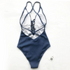 Backless Deep V-Neck One-piece Swimsuit back flat view blue