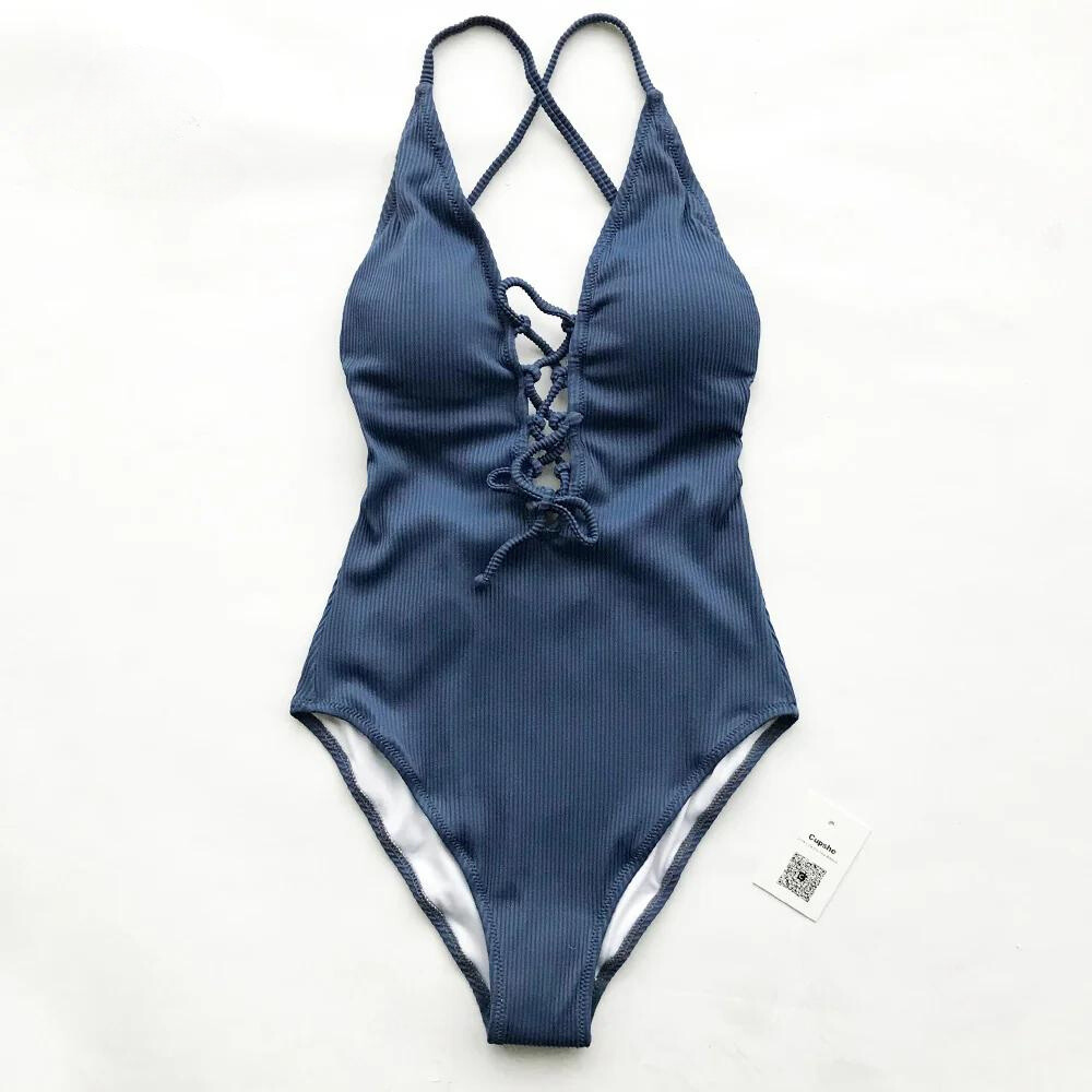 Backless Deep V-Neck One-piece Swimsuit front flat view blue