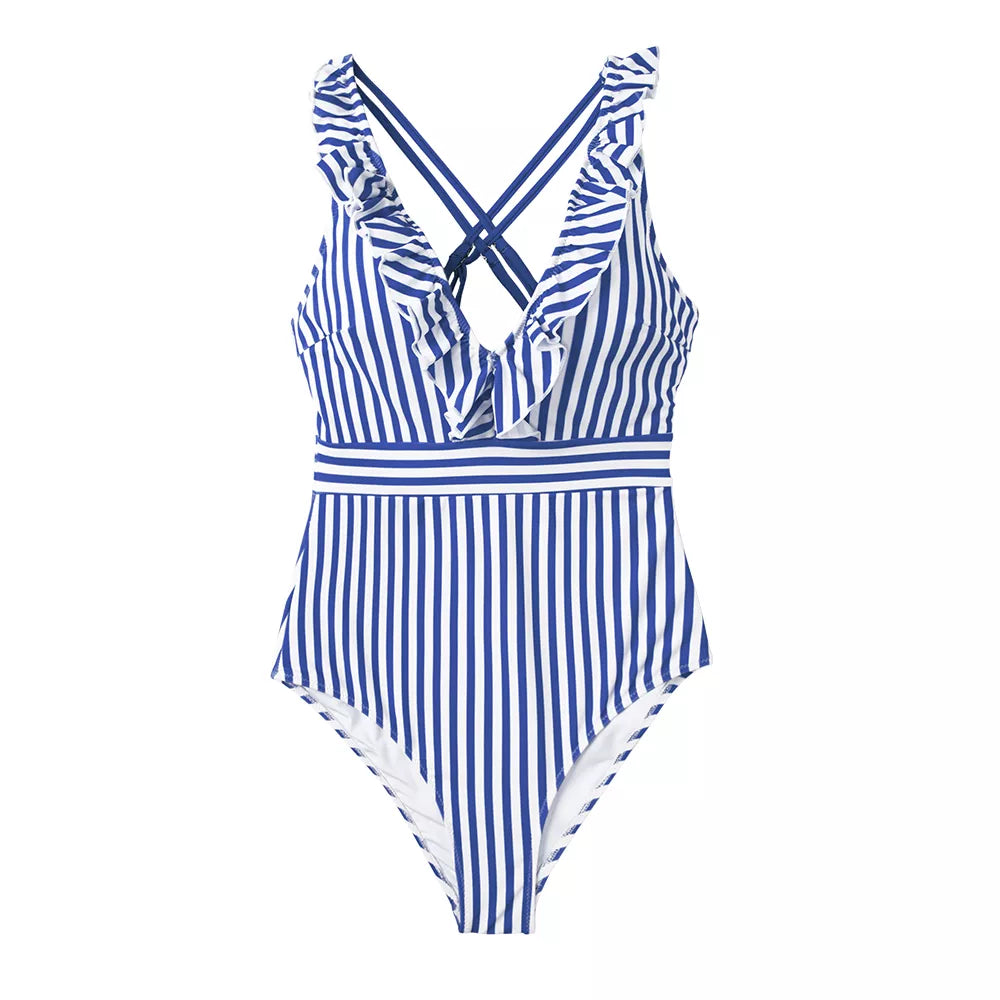 Blue White Striped Ruffled One-Piece Swimsuit