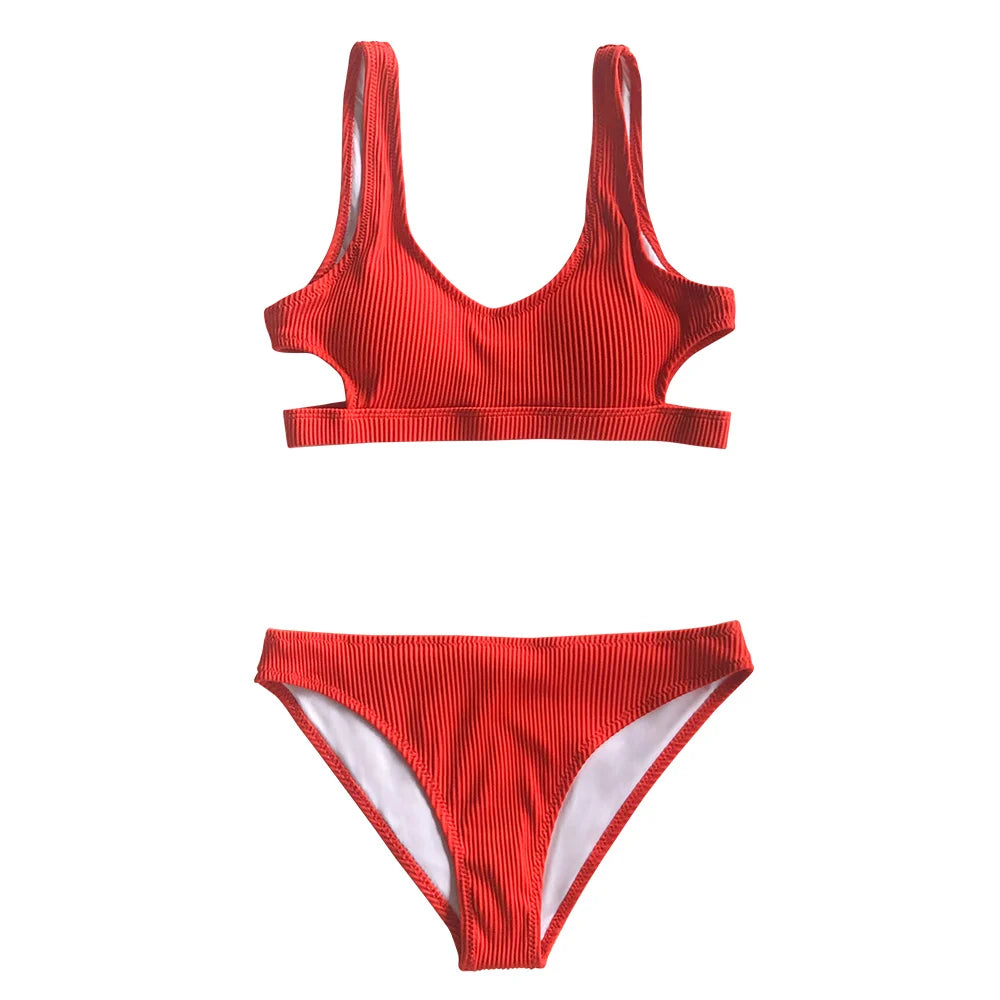 Plain Hollow out Padded Two Pieces Swimwear