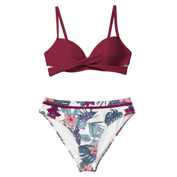 Floral Push Up Mid-Waist Bikini Set