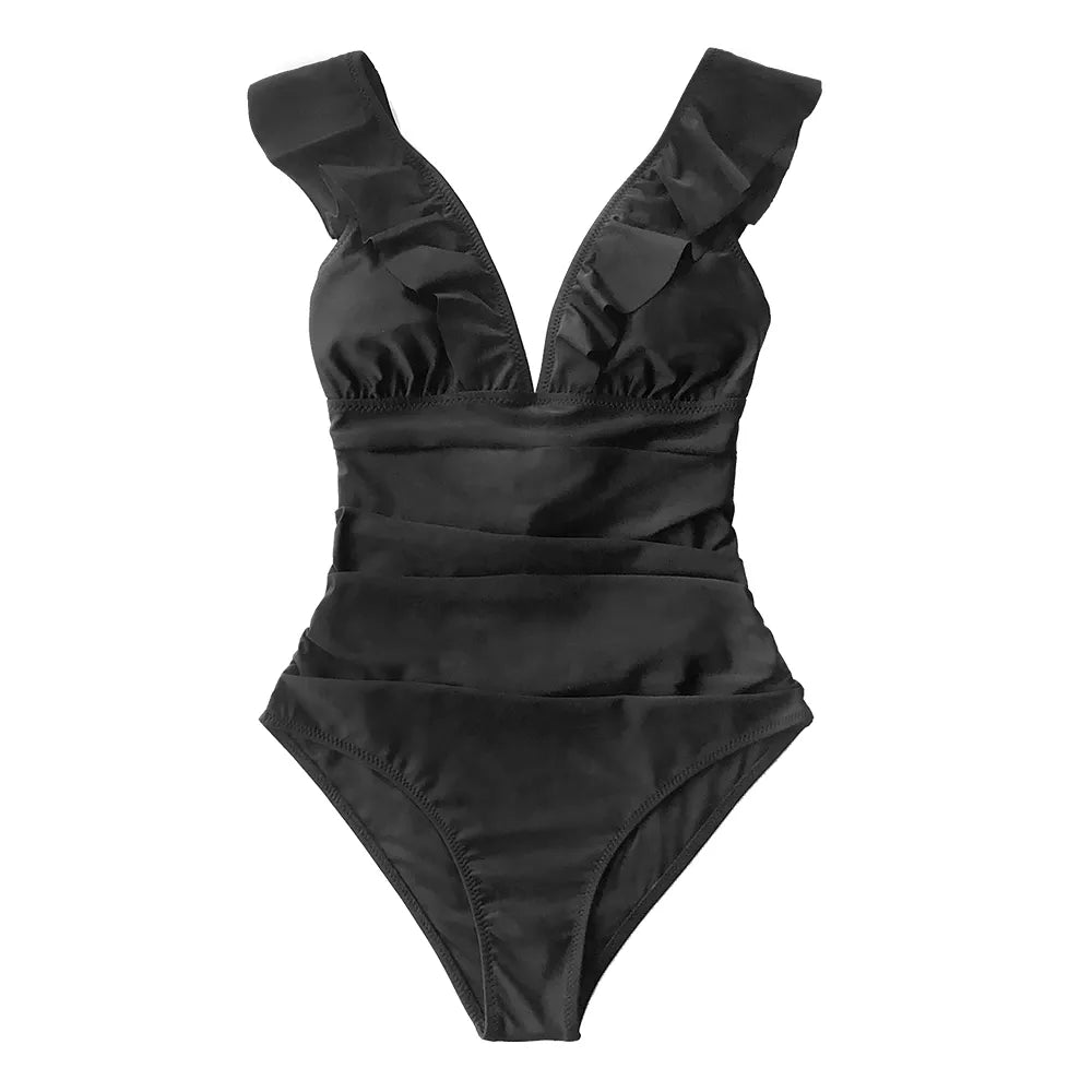 Solid Black Ruffled One-piece Swimsuit