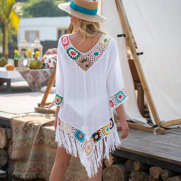 Bikini Cover Up With Fringe Trim white back view