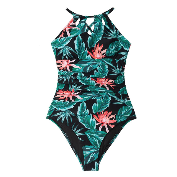 Floral Cutout Halter One-Piece Swimsuit