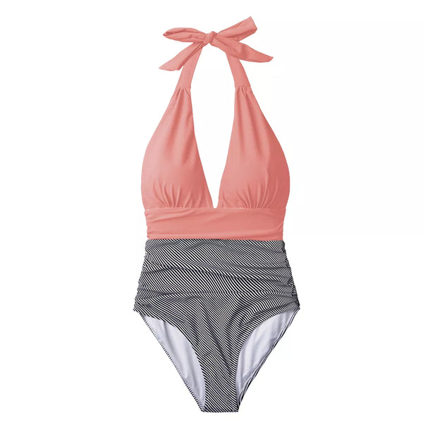 Deep V-neck Halter One-Piece Swimsuit Pink and Grey