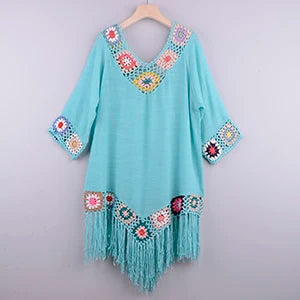 Bikini Cover Up With Fringe Trim flat view blue