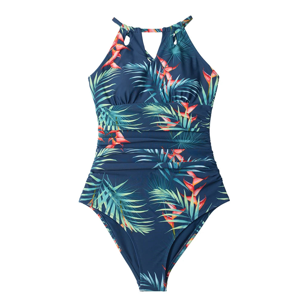 Floral Cutout Halter One-Piece Swimsuit flat view