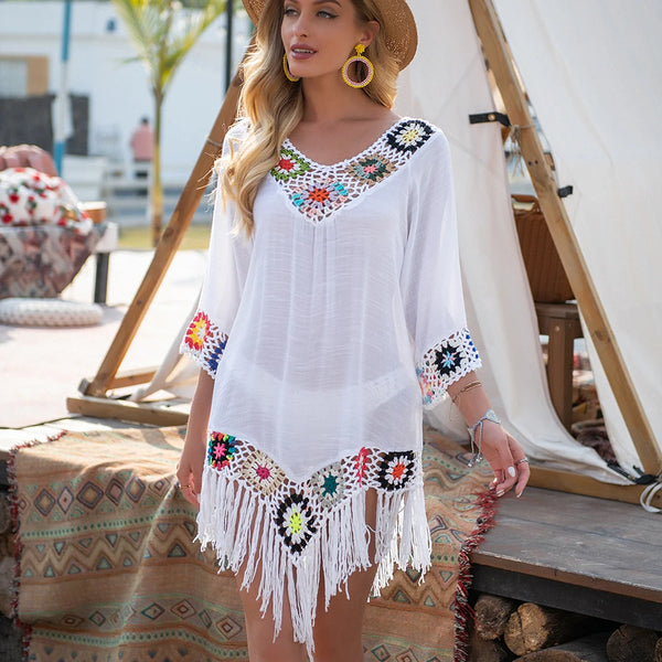 Bikini Cover Up With Fringe Trim white front view