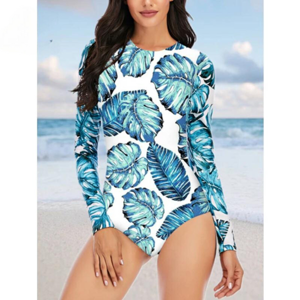 Long Sleeve Leaves Print Swimwear