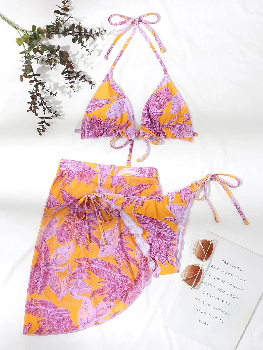 Tie Dye Halter Ruffled Bikini Set