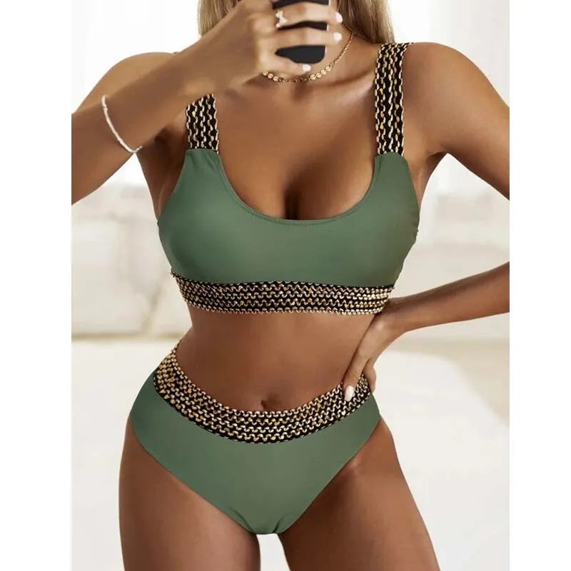 High Waist Bikini Patchwork Twisted Swimsuit