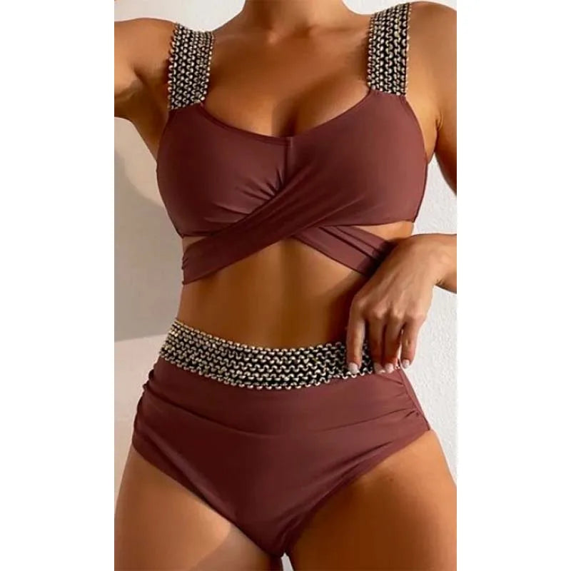 High Waist Bikini Patchwork Twisted Swimsuit