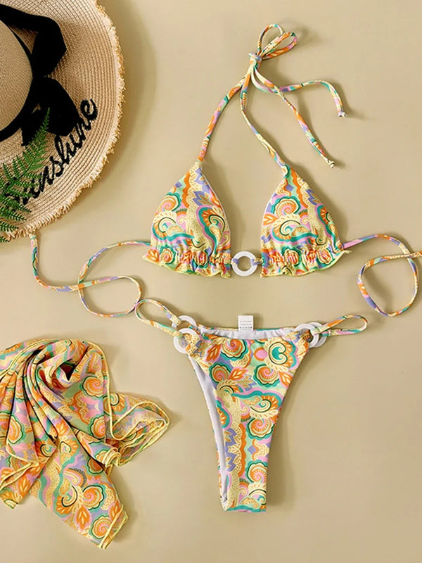 Tie Dye Halter Ruffled Bikini Set