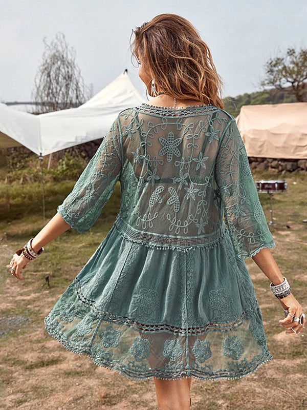 Deep V Neck Boho Beach Dress green