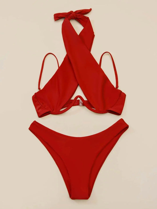 Cross Halter Push Up Bikini Set Red