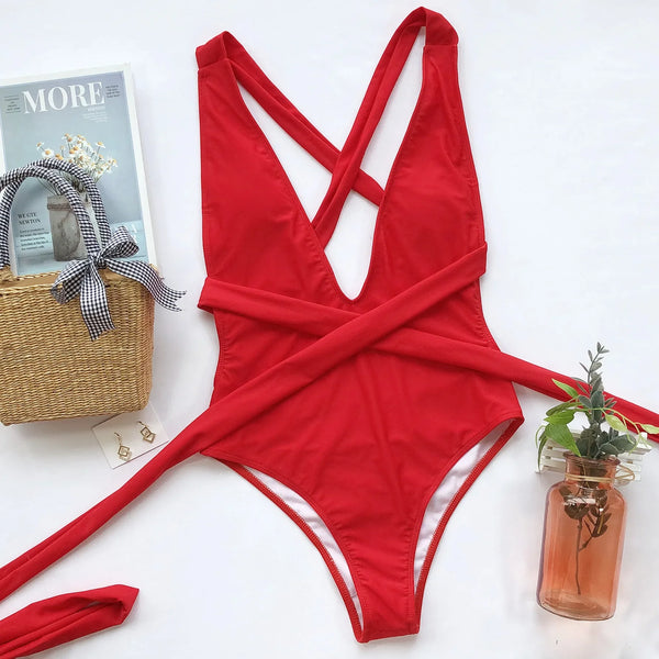 Push Up Lace Up Bandage One Piece Swimsuit