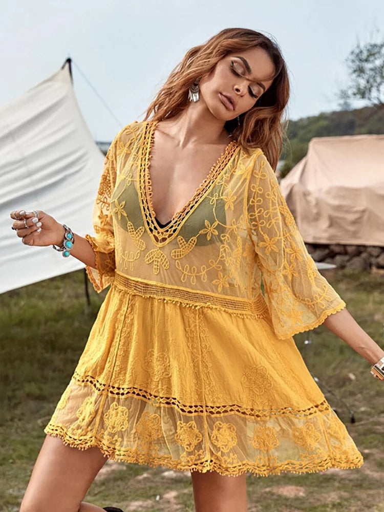 Deep V Neck Boho Beach Dress yellow