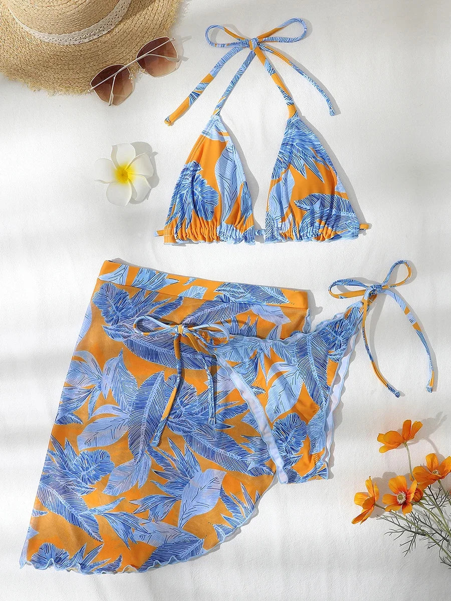 Tie Dye Halter Ruffled Bikini Set