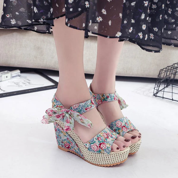 Floral High Heels Wedge Sandals