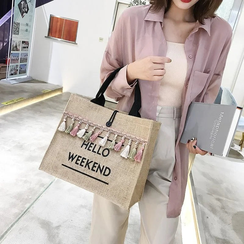 Large Capacity Tassel Straw Handbag