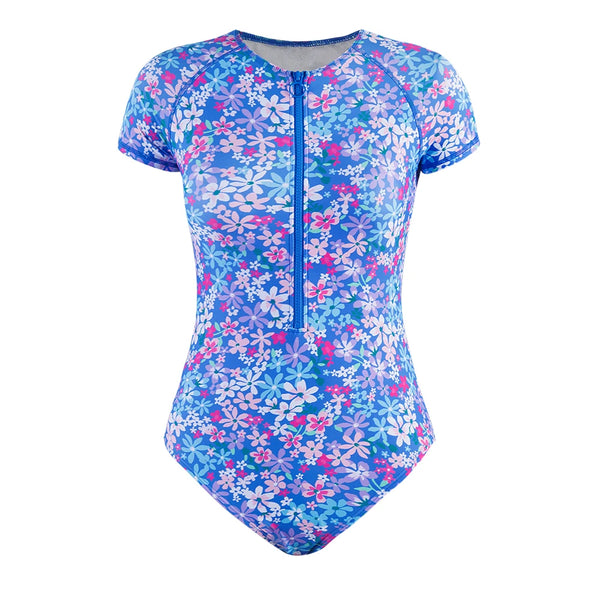 Ditsy Zipper Short Sleeve One-Piece Swimsuit Blue Flowers