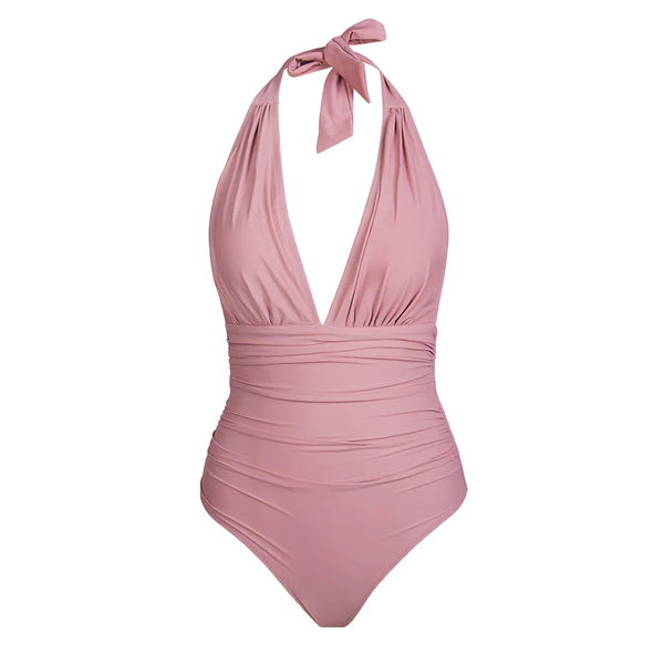 Deep V-neck Halter One-Piece Swimsuit PInk