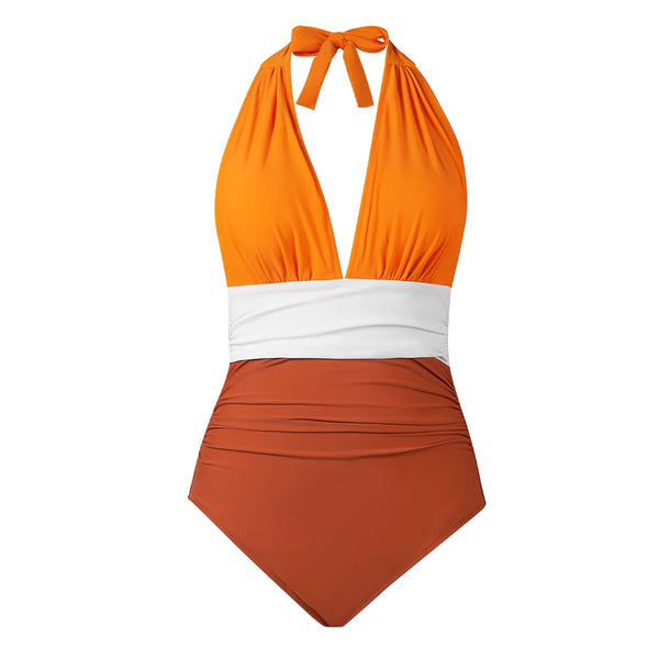 Deep V-neck Halter One-Piece Swimsuit Orange