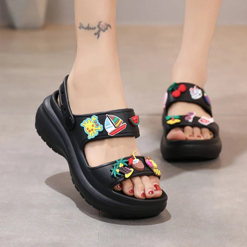 Cute Platform Sandals With Charms Black