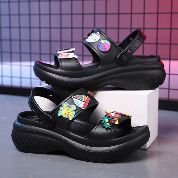 Cute Platform Sandals With Charms Black