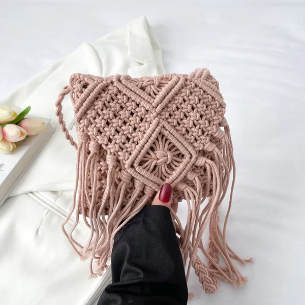 Pink Fashion Woven Hollow Shoulder Crossbdoy Bag