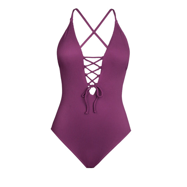 Backless Deep V-Neck One-piece Swimsuit front view purple