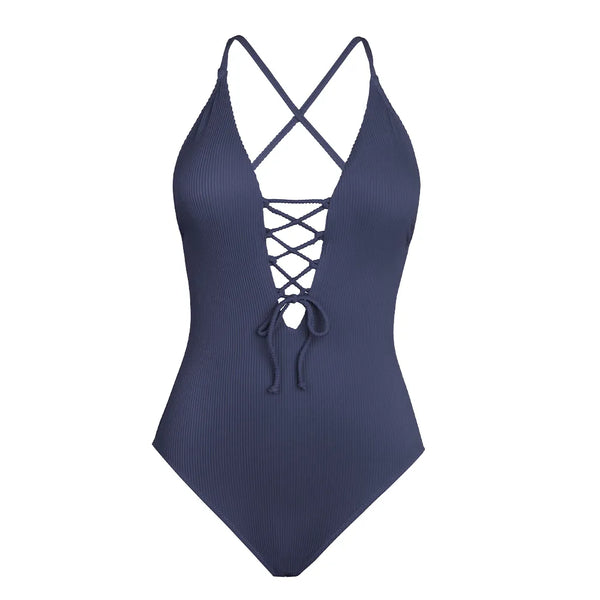 Backless Deep V-Neck One-piece Swimsuit front view blue