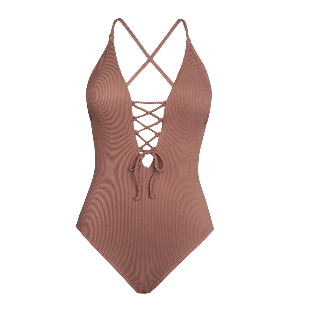 Backless Deep V-Neck One-piece Swimsuit front view brown