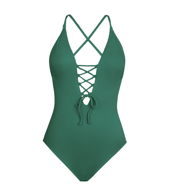 Backless Deep V-Neck One-piece Swimsuit front view green