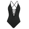 Backless Deep V-Neck One-piece Swimsuit front view black